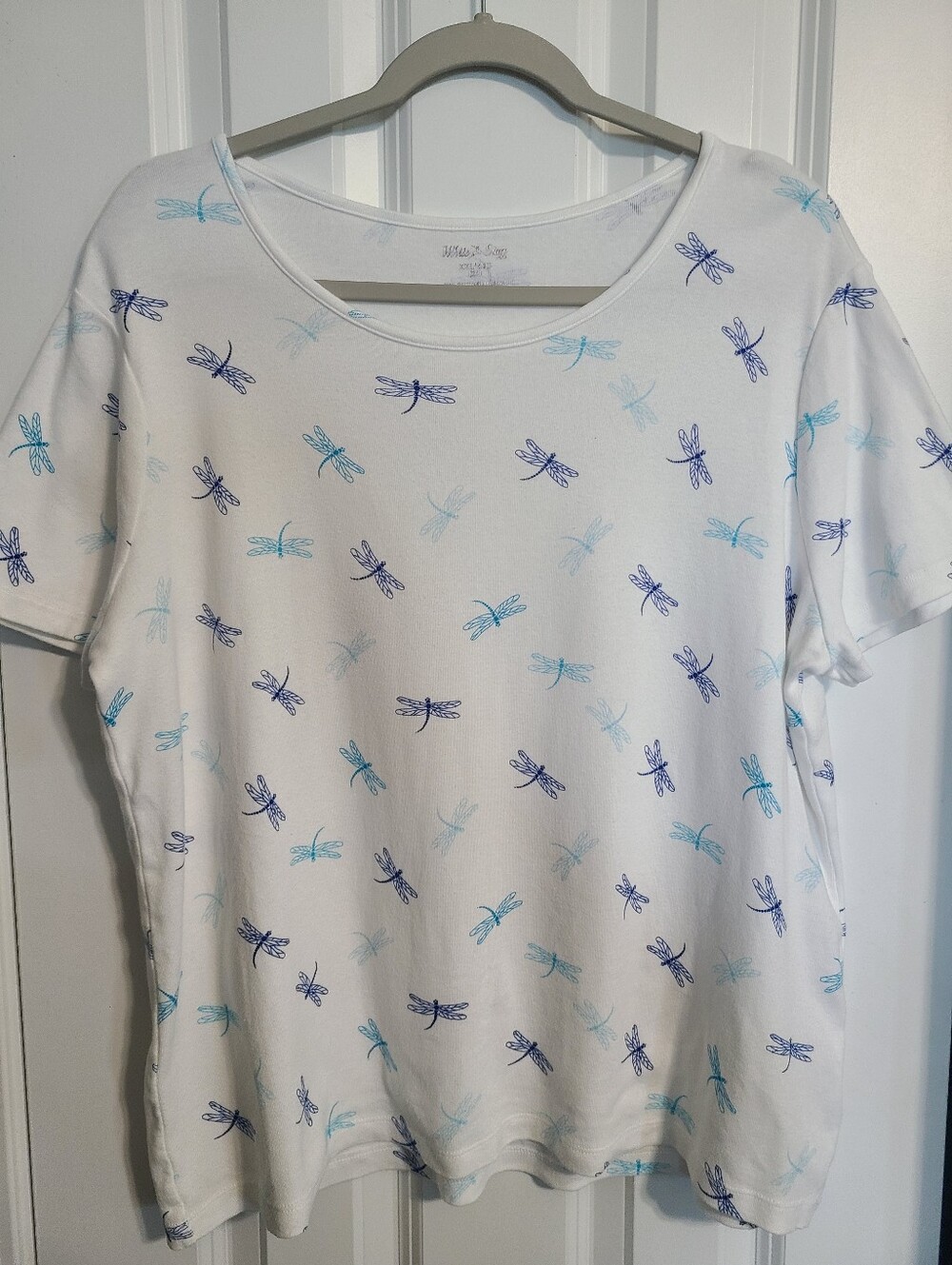 White Stag White Tee with Blue Dragonfly Print